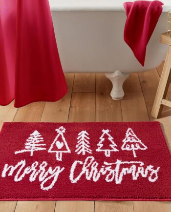 Tapete de baño de Feliz Navidad, lavable, antideslizante, 20 pulgadas de ancho x 32 pulgadas de largo, bonito y vibrante rojo moderno, tapete de baño para árbol de Navidad, tapete de baño de