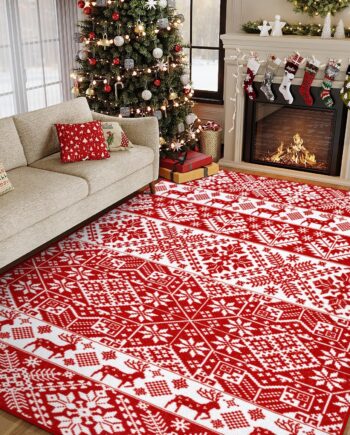 HUGEAR Alfombra vintage de Navidad grande de 8 x 10 pies, lavable a máquina, alfombra de pelo bajo, tapete para puerta interior, rojo/blanco, antideslizante, retro, para dormitorio, cocina, comedor,