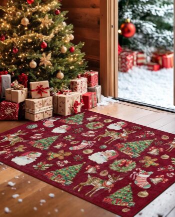 Kokia Tapete de Navidad para interiores de 2 x 3 pulgadas, para entrada, dormitorio, cocina, oficina, lavable a máquina, tapete pequeño con Papá Noel, árbol de Navidad, campana, reno y acebo, color