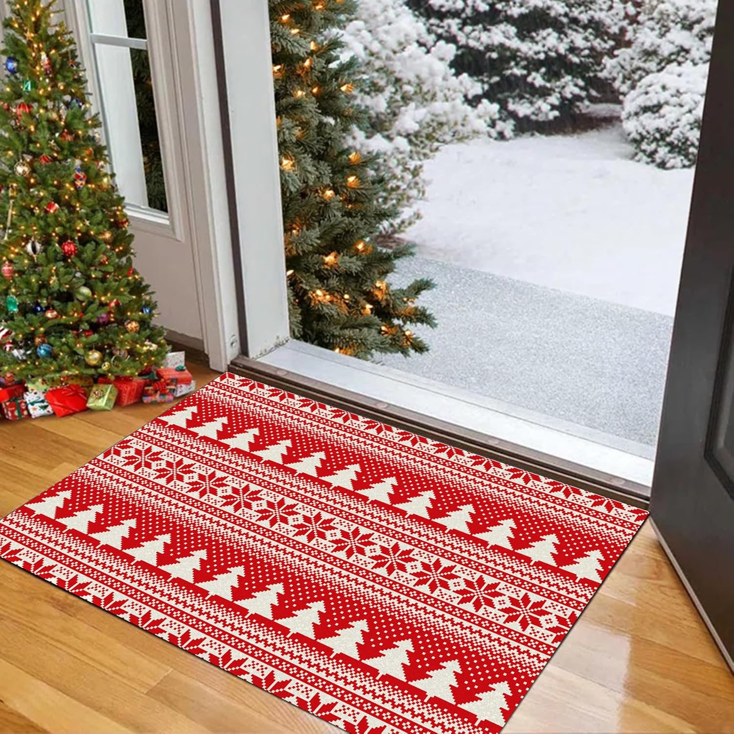PVC Doormat Entrance Rugs Heavy Duty Welcome Mats, Red Christmas Outdoor Indoor Mats Non Slip Rubber Backing for Front Door/Yard/Garage/Garden, 50x50cm/19.69x19.69in Red Christmas Tree