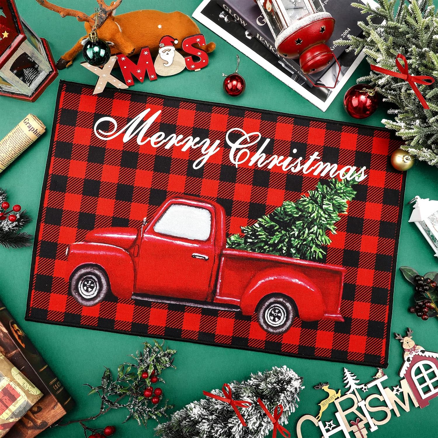 Tapete de Navidad, tapete decorativo de árbol de Navidad, lavable y antideslizante, tapete de piso de búfalo negro y rojo, para puerta de porche delantero, baño, 24 x 16 pulgadas (estilo fresco)