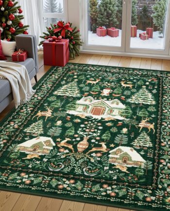 LIVEBOX Alfombras lavables de Navidad para sala de estar, de 5 x 7 pies, antideslizantes, suaves, vintage, color verde, alfombra de interior con árbol de Navidad y ciervos que no se desprende para
