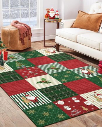 RUGSREAL Alfombra de área de 5 x 7 pies con árbol de Navidad y muñeco de nieve para sala de estar, resistente a las manchas, parte trasera antideslizante, ultrafina, lavable, rojo/verde