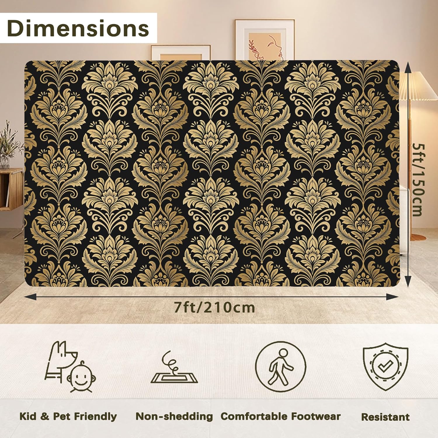 Alfombra dorada de flores de damasco negro para sala de estar, antideslizante, lavable, de pelo bajo, alfombra de diseño abstracto, ahorro de espacio para dormitorio, comedor