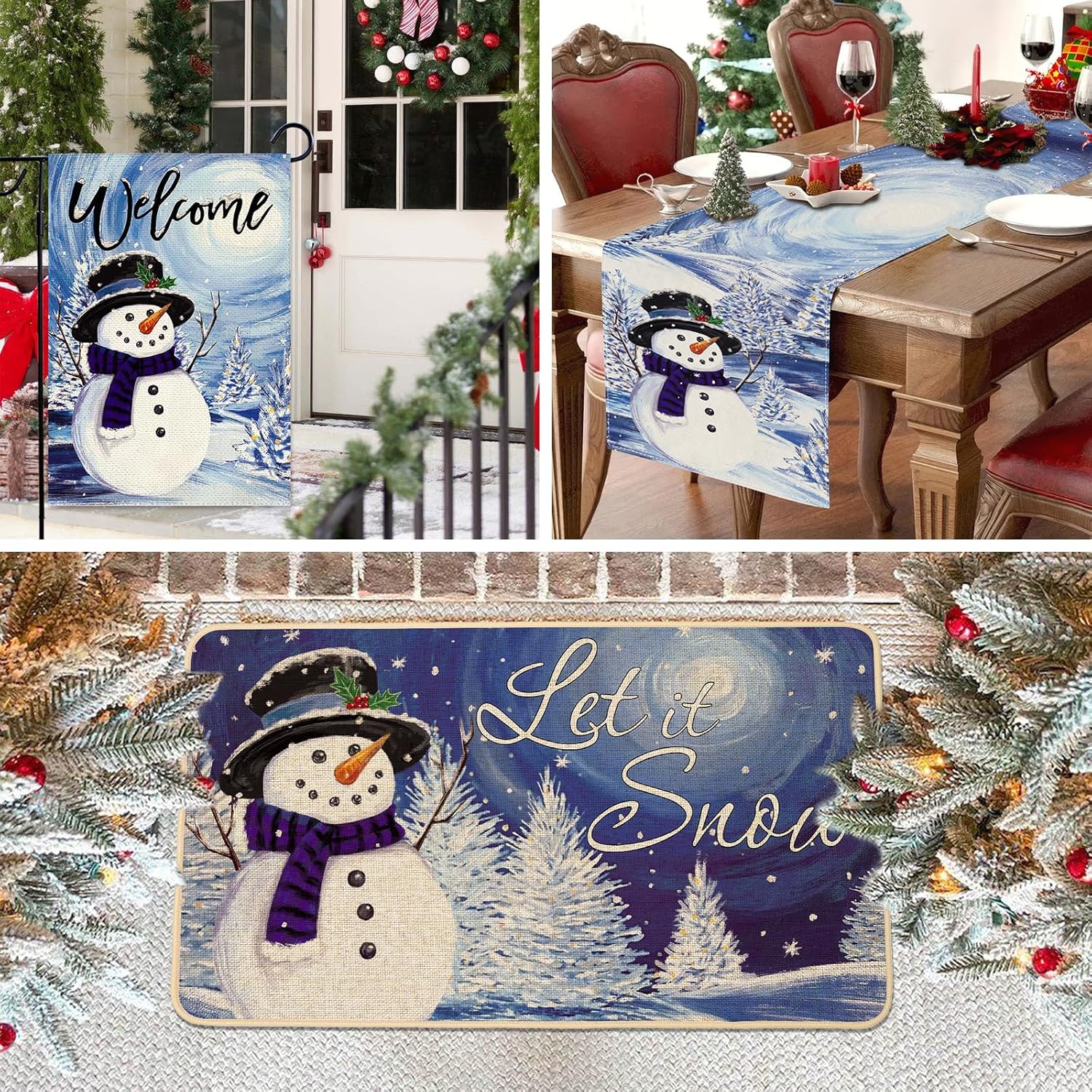 Baccessor Tapete de invierno con diseño de muñeco de nieve Let It Snow, tapete de bienvenida con copos de nieve, cielo estrellado, decorativo para interiores y exteriores, tapete de entrada con parte