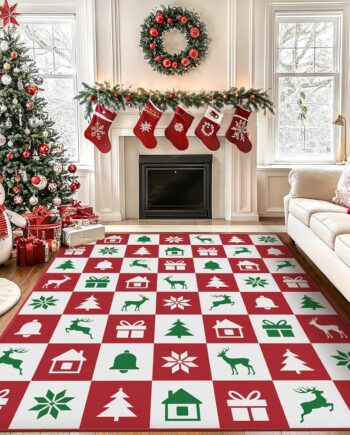 Bavni Tapete de árbol de Feliz Navidad de 8 x 10 pies, lavable a máquina, antideslizante, festivo, decorativo, geométrico, para sala de estar, dormitorio, cocina, baño, color blanco