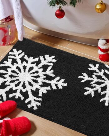 Lujoso tapete de baño de invierno con copos de nieve blanco y negro, 24 x 36 pulgadas, tapete de baño de microfibra extra suave y absorbente, parte trasera de TPR antideslizante, alfombra de