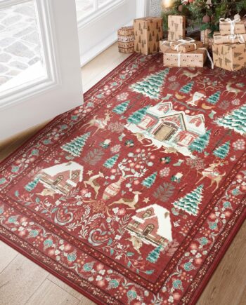 LIVEBOX Alfombra navideña lavable de 3 x 5 pies, alfombra roja bohemia para entrada, alfombra suave vintage para dormitorio con respaldo antideslizante, alfombra retro para cocina, cuarto de servicio