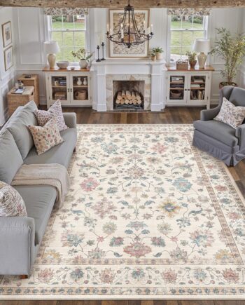 HUGEAR Alfombra vintage de 8 x 10 pulgadas, lavable a máquina, para sala de estar, estilo retro, floral, aspirable, alfombra de pelo bajo, para dormitorio, oficina, comedor, granja, sala de juegos