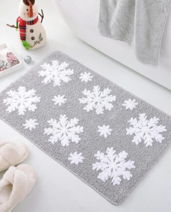 TRUEDAYS Tapete de baño de copo de nieve gris navideño para baño, tapete de baño absorbente lavable con respaldo antideslizante, divertido tapete de baño de copo de nieve para decoraciones navideñas