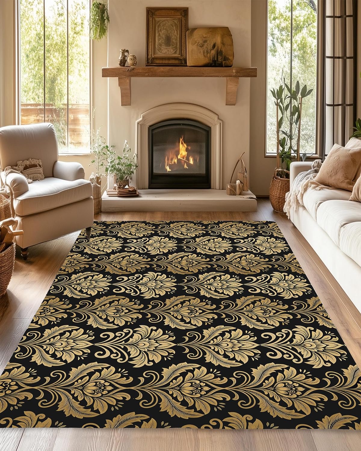 Alfombra dorada de flores de damasco negro para sala de estar, antideslizante, lavable, de pelo bajo, alfombra de diseño abstracto, ahorro de espacio para dormitorio, comedor