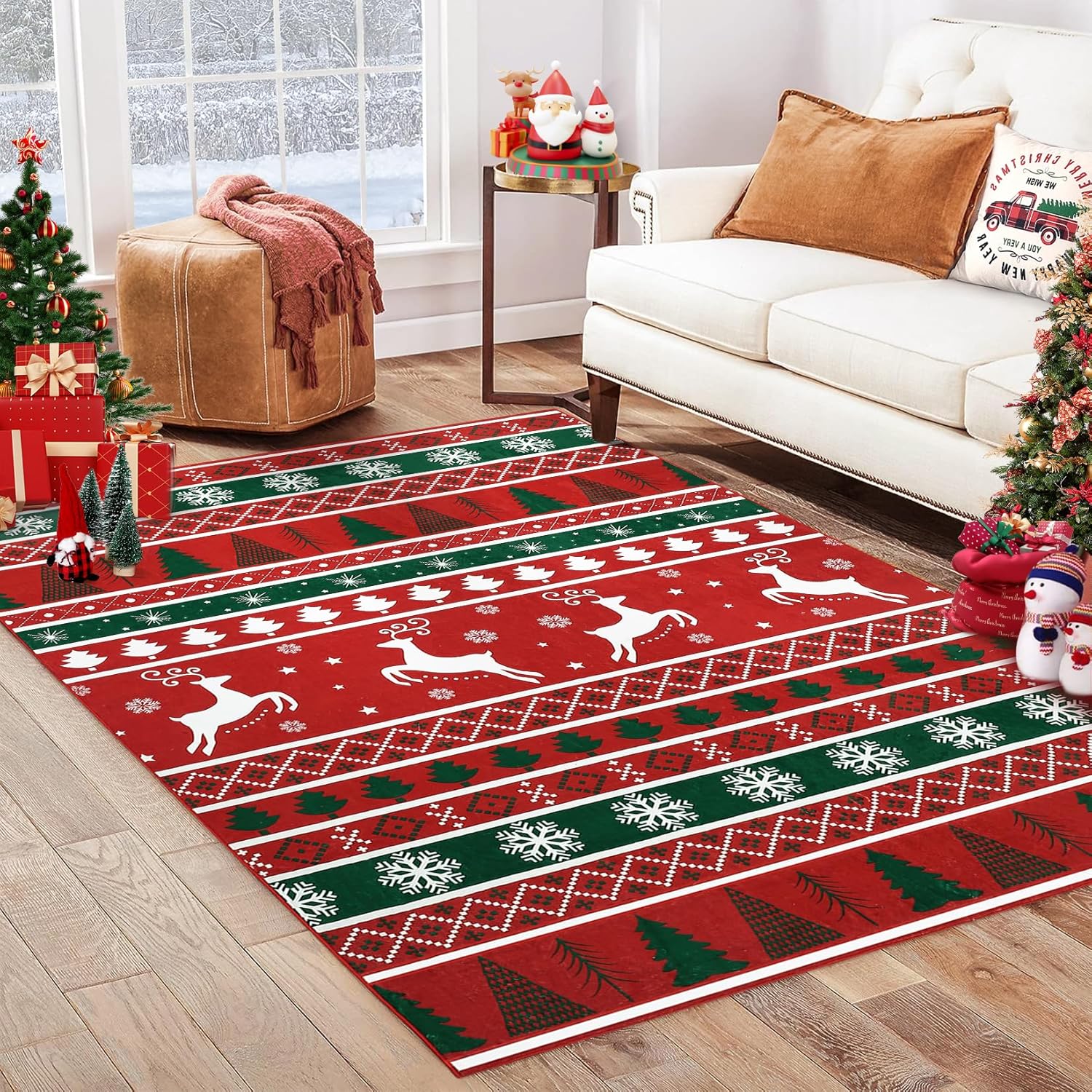 RUGSREAL Alfombra de área de Navidad de 4 x 6 pies, con árbol de Navidad y copo de nieve, bonita alfombra antideslizante con ciervos para dormitorio, lavable a máquina, para sala de estar, dormitorio,