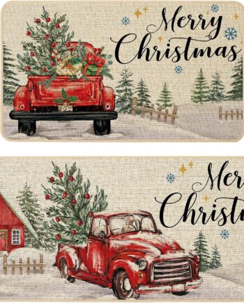 Baccessor Juego de 2 alfombras de cocina de Navidad con camión rojo, tapetes de cocina para piso, antideslizantes, para invierno, vacaciones, decoración de Navidad, 17 x 29 y 17 x 47 pulgadas