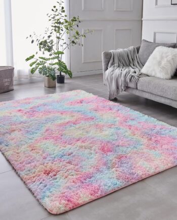 TABAYON - Alfombra de pelo largo, muy cómoda, antideslizante, esponjosa, de 2x3 pies, para decoración de interiores, el hogar, sala de estar, de teñido anudado arcoíris