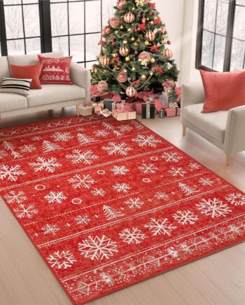 Alfombra de área navideña, lavable, navideña, decorativa, con copos de nieve, pelo corto, bohemia, para interiores, para sala de estar, dormitorio, cocina, comedor, oficina (rojo navideño, 4 x 6 pies)