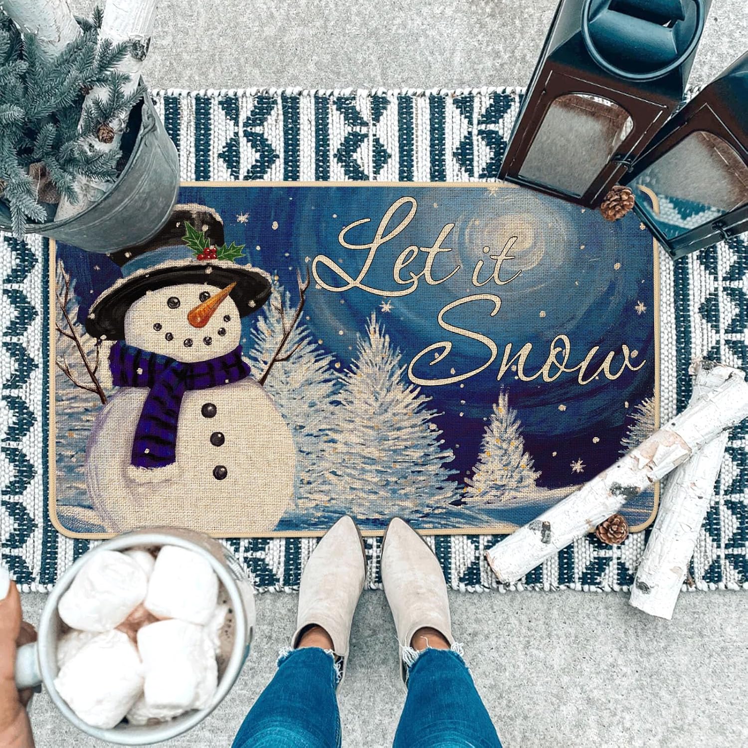 Baccessor Tapete de invierno con diseño de muñeco de nieve Let It Snow, tapete de bienvenida con copos de nieve, cielo estrellado, decorativo para interiores y exteriores, tapete de entrada con parte