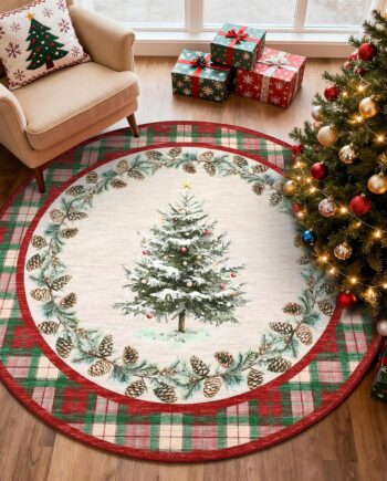 GarveeHome Alfombra de Navidad roja de 4 pies, alfombra circular lavable para sala de estar, de pelo bajo, resistente a las manchas, estampado de árbol de Navidad, decoración navideña de 4 x 4 con