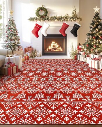 Findosom Alfombra de Navidad lavable de 8 x 10 pies, antideslizante, suave, grande con copo de nieve rojo, alfombra de lana sintética de pelo bajo para sala de estar, pasillo, cocina, entrada