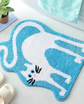 Alfombra de gato, bonita y divertida, suave, antideslizante, absorbente, para baño, ducha, dormitorio, decoración de bañera (azul)