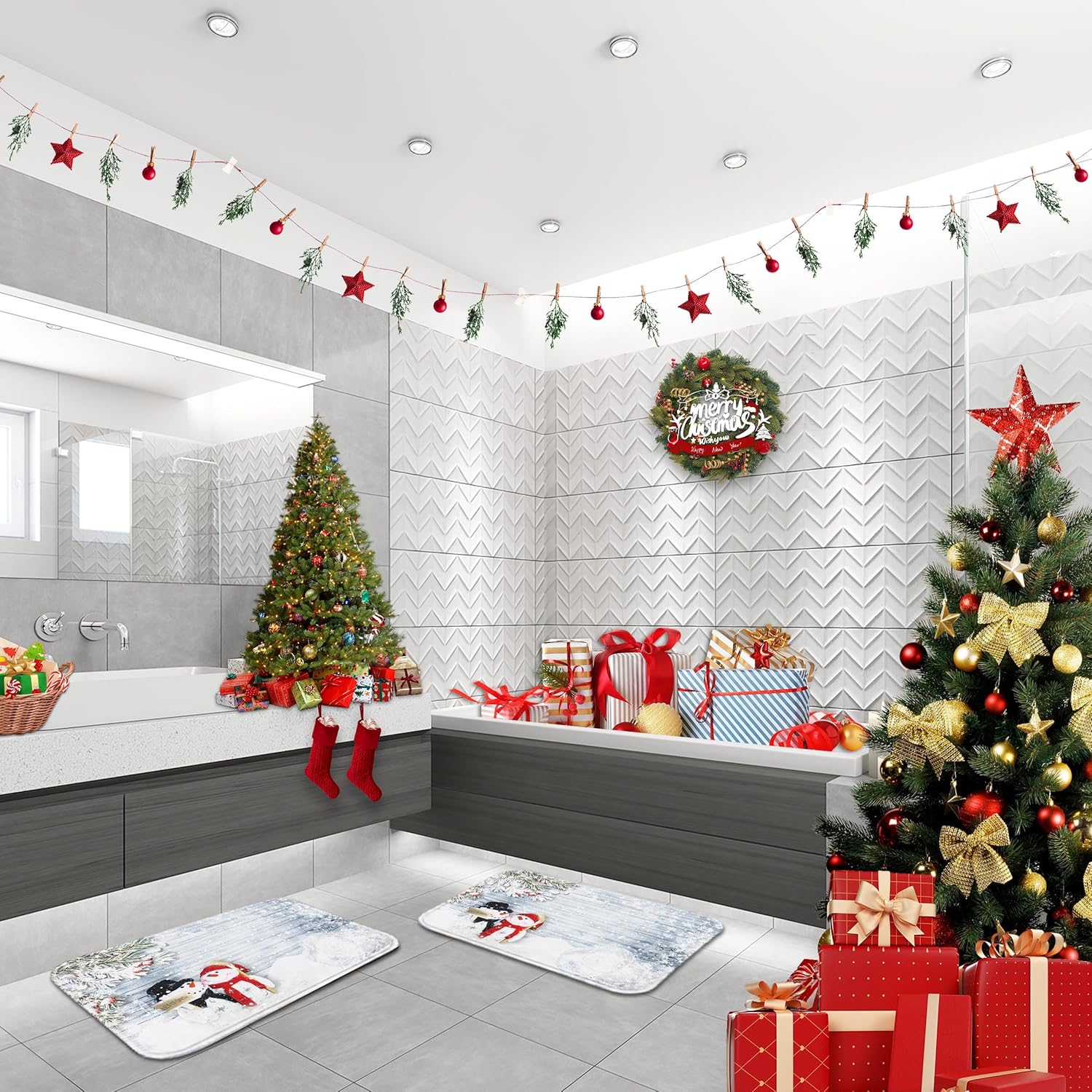 Juego de 2 tapetes de baño de Navidad, diseño de muñeco de nieve de Navidad, decoración de baño, alfombras de 16 x 24 y 20 x 32 pulgadas, decoración navideña