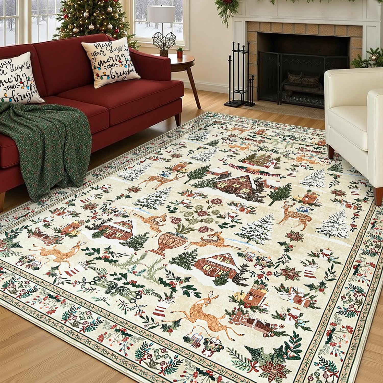 jinchan Alfombra de Navidad de 8 x 10 pies para sala de estar, dormitorio, alfombra decorativa para comedor, árbol de Navidad y cabaña, impresa, gran decoración de Navidad, para interiores, lavable