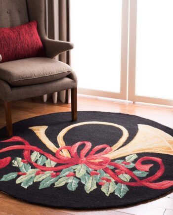 SAFAVIEH Vintage Poster Collection VP321A - Alfombra redonda de lana de 5 pies, diseño de cuerno navideño con gancho a mano, color negro y multicolor