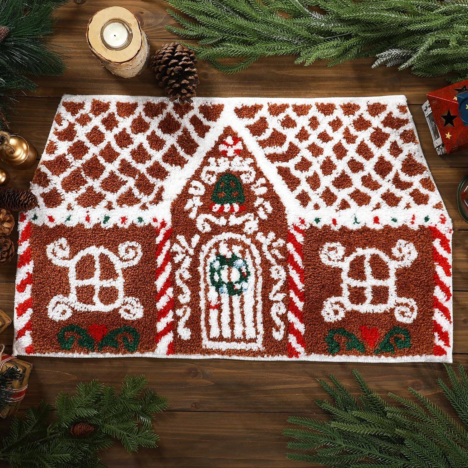 Breling Tapete de Navidad con diseño de pan de jengibre, tapete de baño antideslizante para Navidad, suave, absorbente, para puerta delantera, sala de estar, 28.35 x 16.54 pulgadas