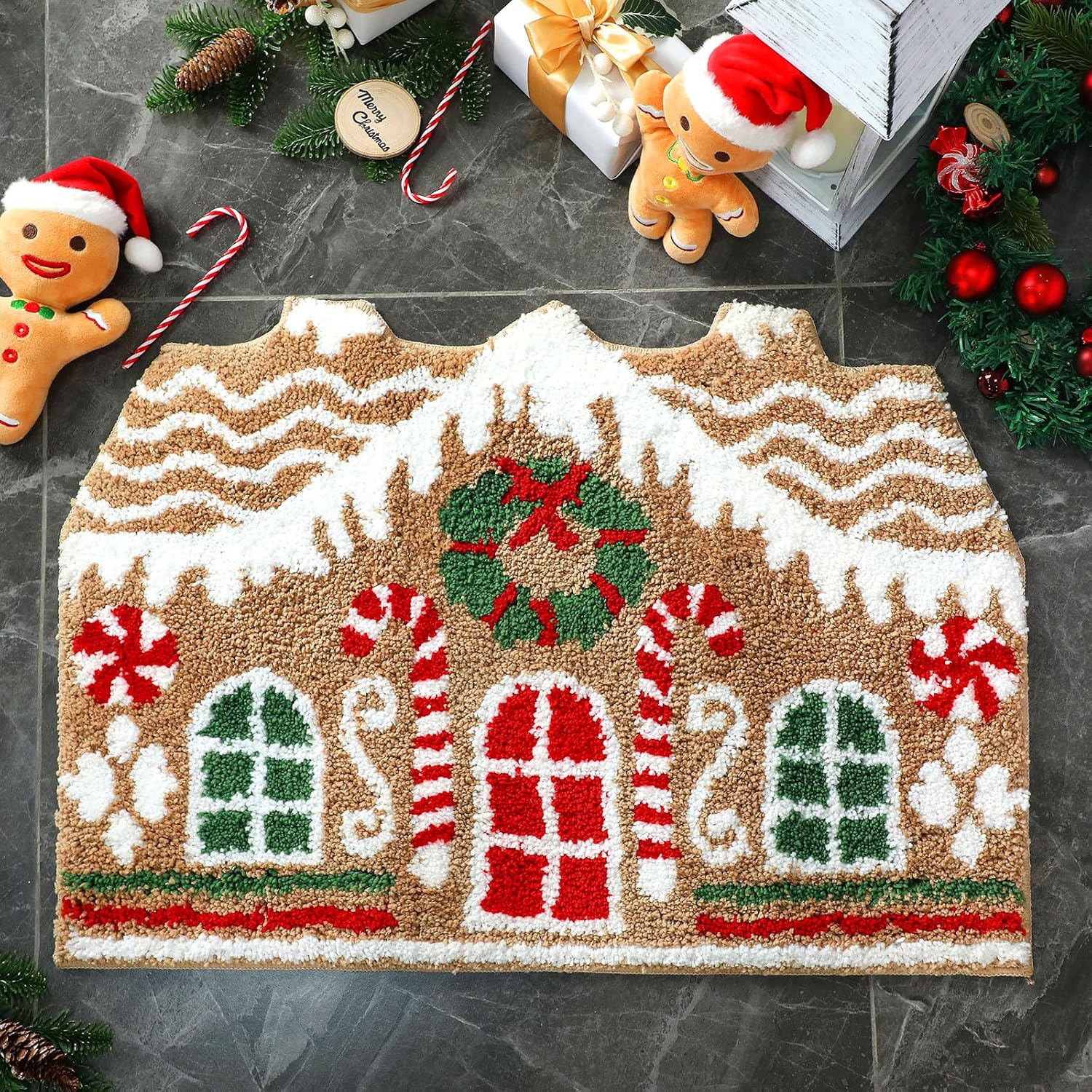 Tapete de baño de casa de jengibre, tapete de Navidad, antideslizante, bonito diseño de pan de jengibre, decoración de baño de microfibra de felpa, decoración navideña para el hogar