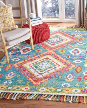 SAFAVIEH Aspen Collection - Alfombra de área de 5 x 8 pies, verde y rojo, hecha a mano, lana trenzada de diamantes estilo bohemio, ideal para zonas de alto tráfico en sala de estar, dormitorio