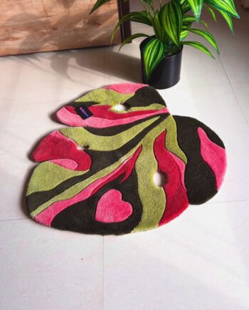 Alfombra Hoja Monstera Abstracta Rosa y Verde